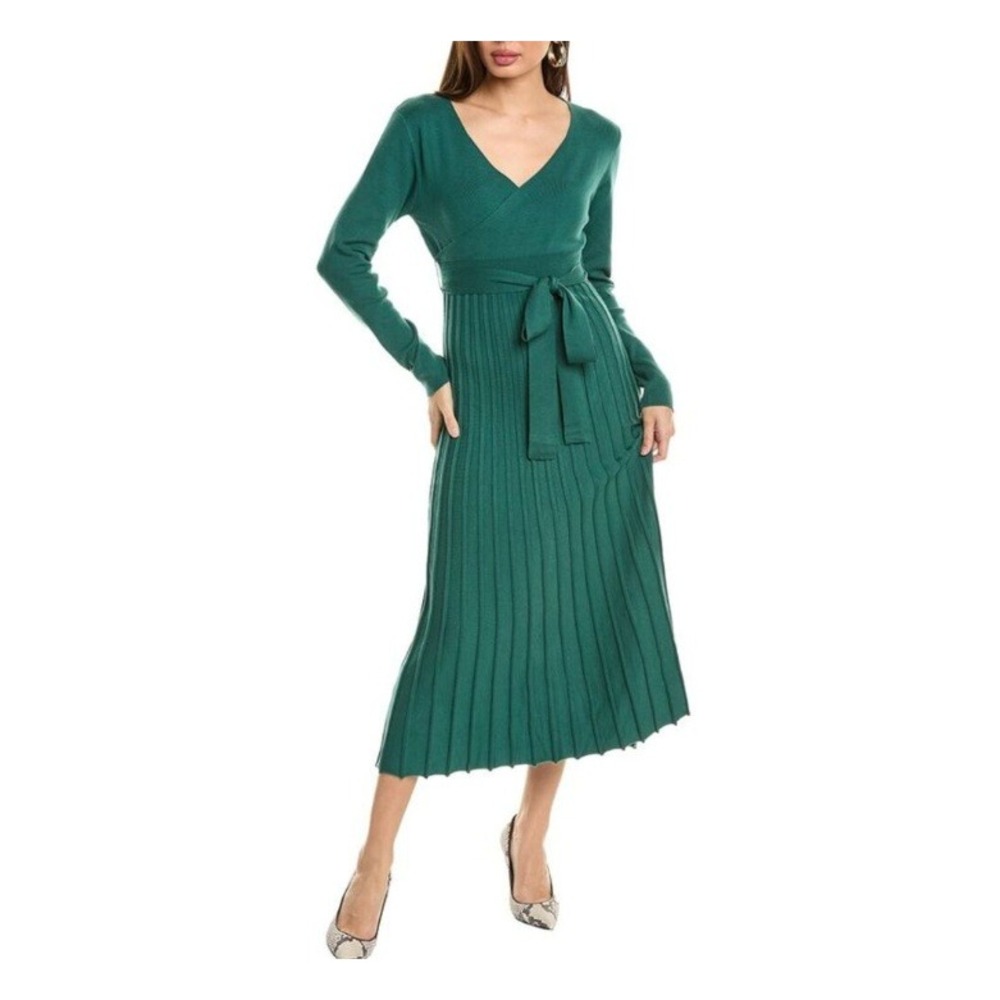 Area Stars Riley Knit Dress Emerald Green Long Sleeve Pleated Midi Size XS